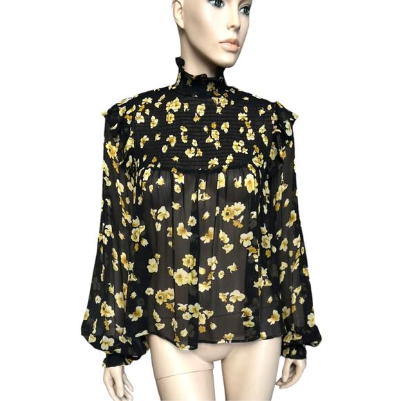 The Kooples Funnel Neck 100% Silk Sheer Smocked Floral Blouse Size Small - Picture 3 of 16